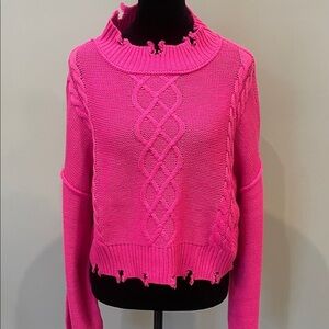 Women's bright  Pink Cable Knit Sweater new tattered look fun style